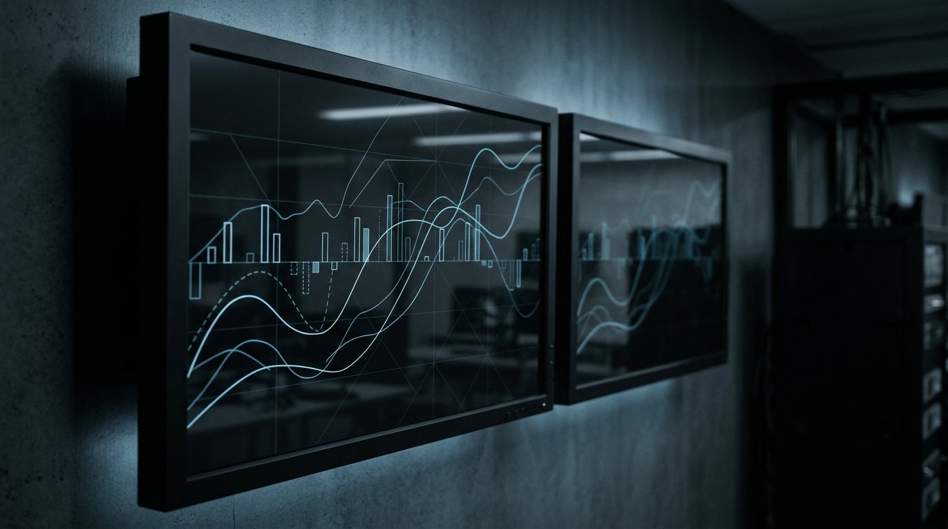 Two wall-mounted displays carrying line and bar charts in a dim monitoring room