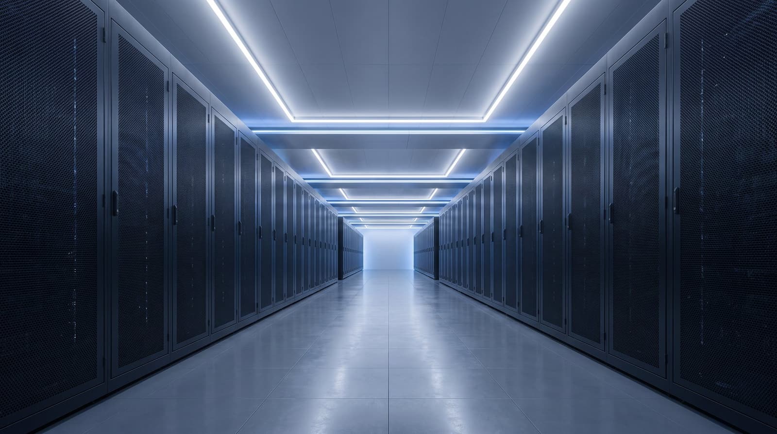 Data centre cold aisle between rows of cabinets