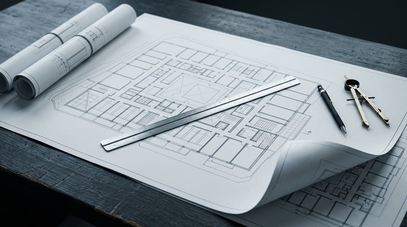 Large-format floor plan on a worktop with a scale rule, dividers and rolled drawings