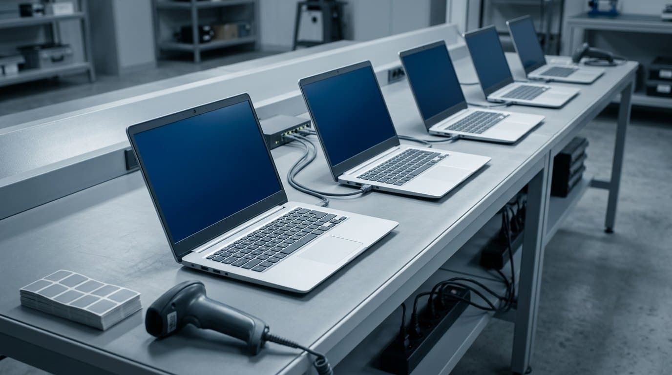 Five identical laptops on a staging bench, patched to a switch, with asset labels and a scanner