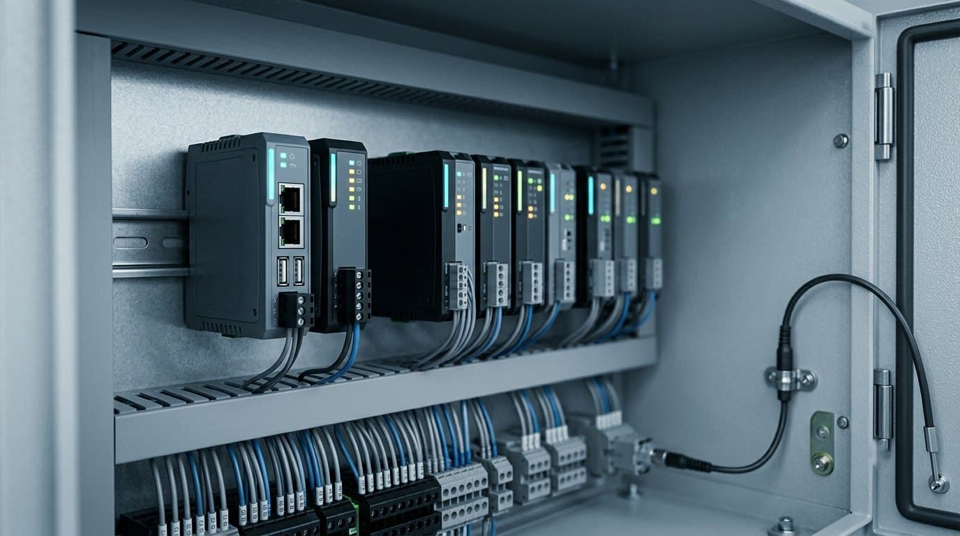 Edge gateway modules on a DIN rail inside an open control cabinet, wiring dropping to terminal blocks