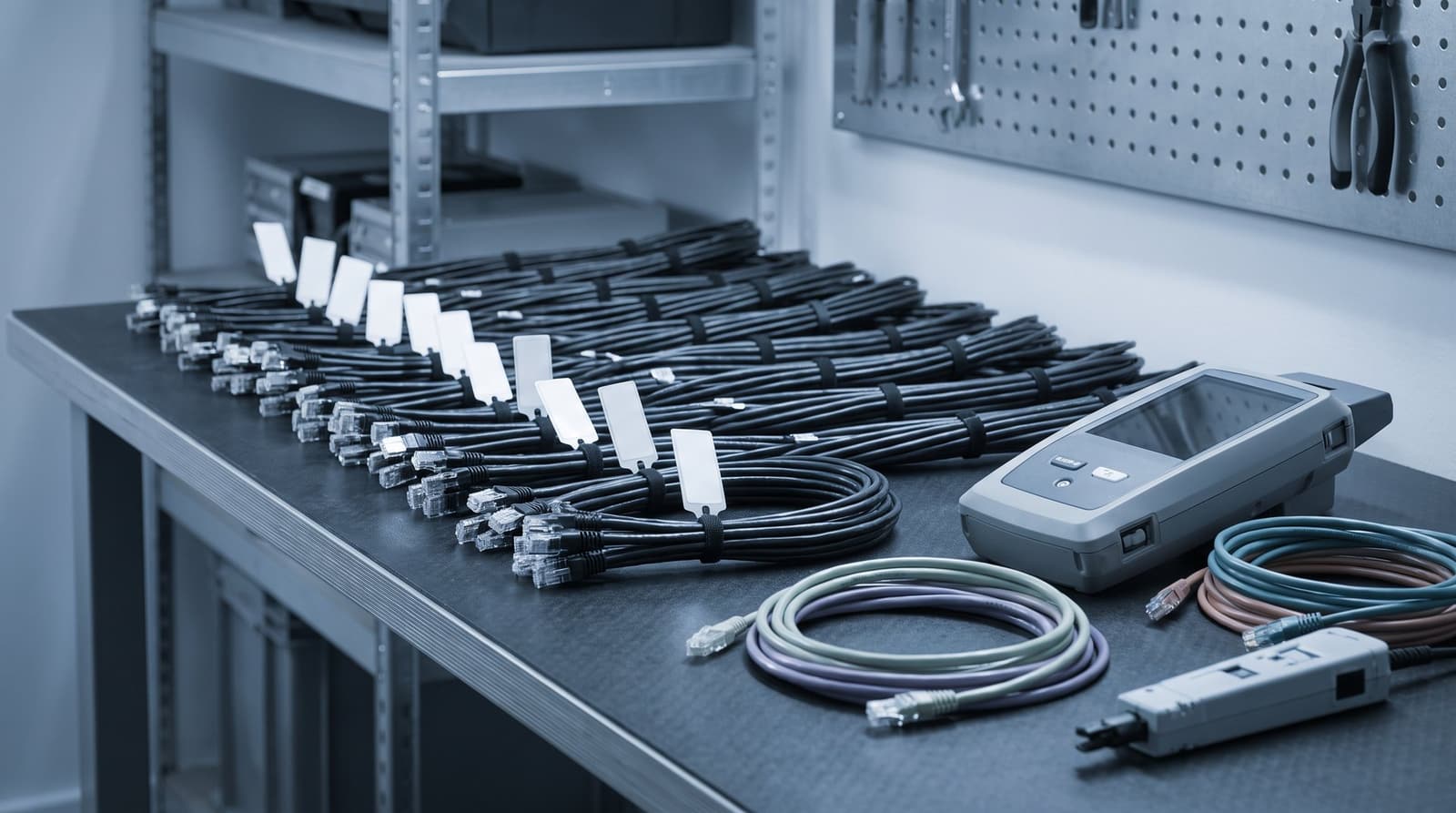 Network engineering bench with labelled cable looms and test equipment