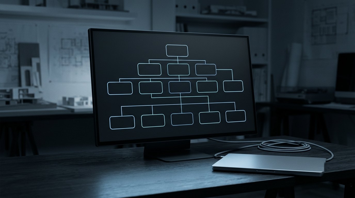 Monitor showing a three-tier system architecture diagram in a darkened office