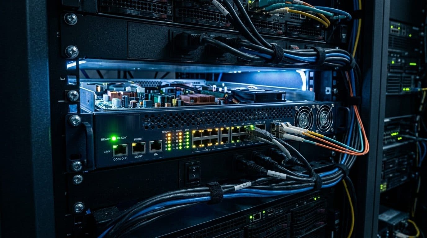 Rack-mounted network appliance with lit port indicators and fibre and copper leads