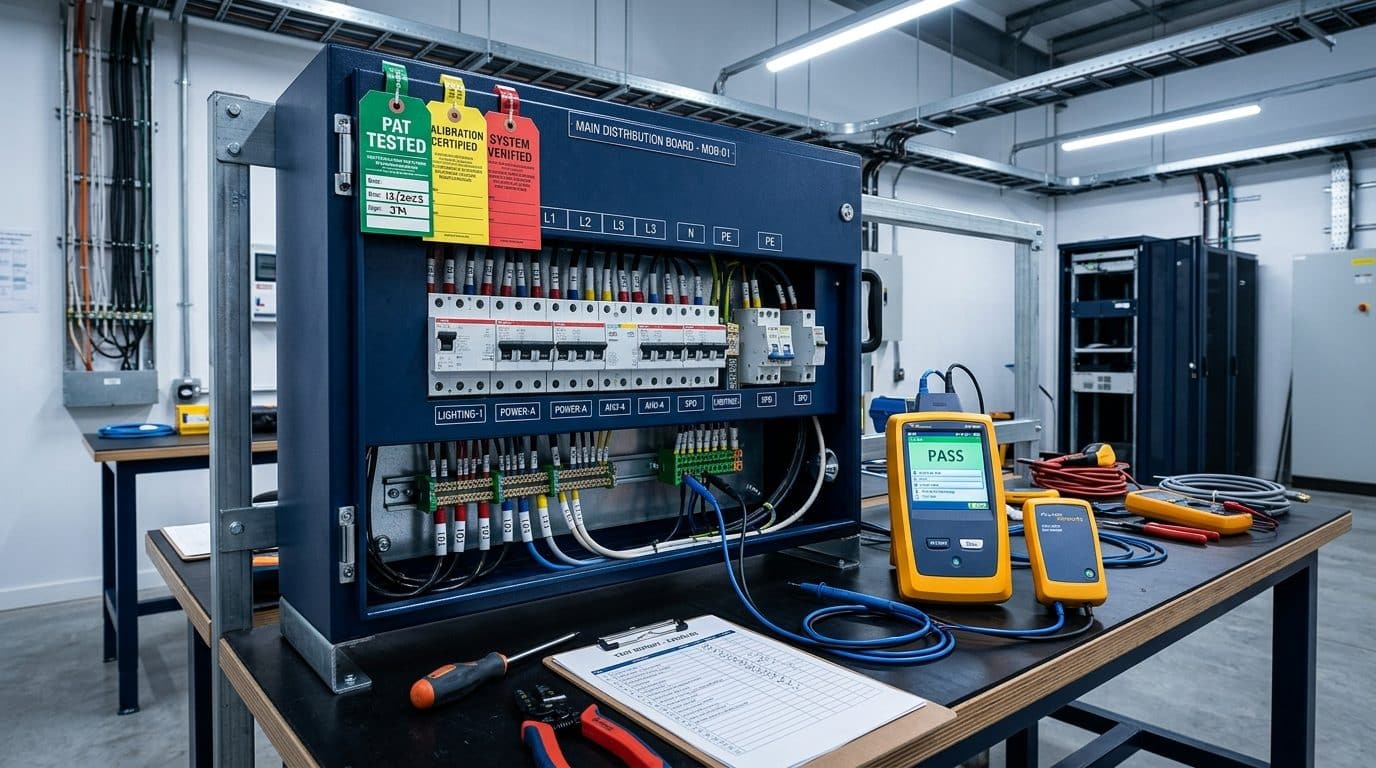 Open distribution board with rows of breakers beside a test instrument on a bench