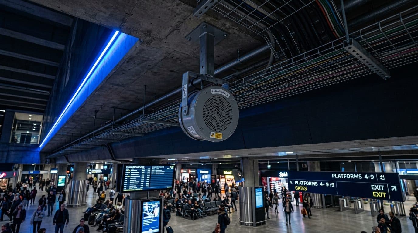 Ceiling-mounted loudspeaker on a bracket beneath cable tray in a station concourse
