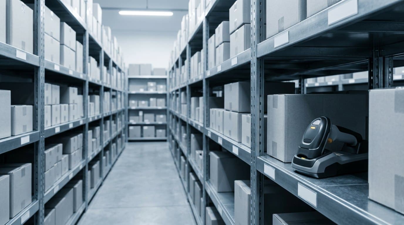 Equipment store racking stacked with cartons, a barcode scanner resting in its cradle