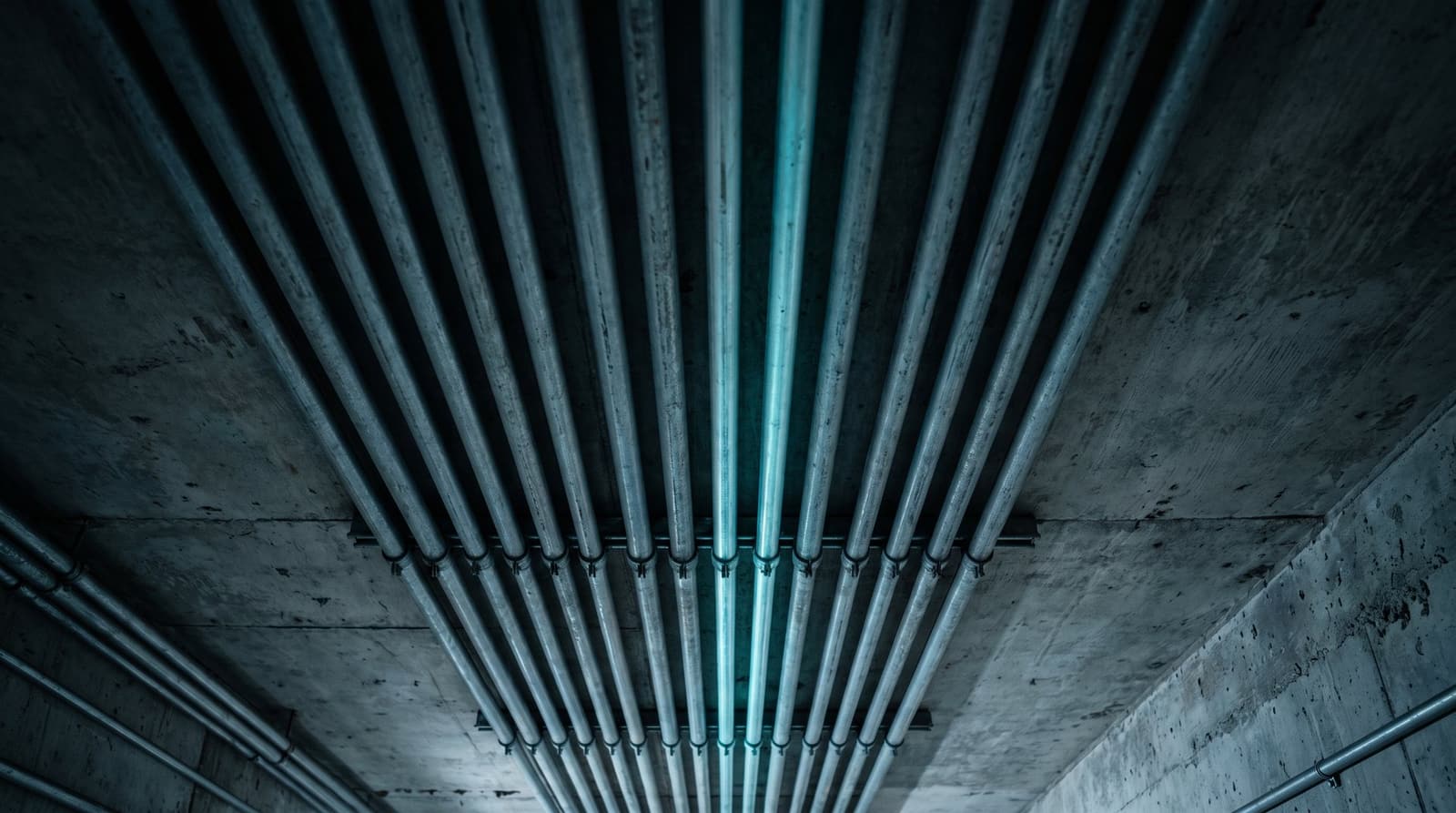 Parallel grey conduits along a ceiling with a single conduit lit in cyan