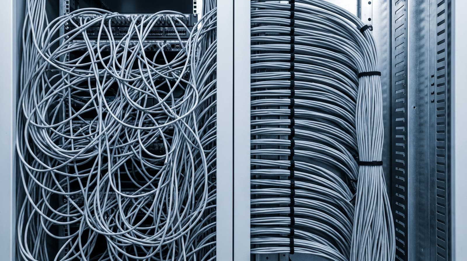 Unmanaged tangled cabling beside the same cables dressed into an ordered loom
