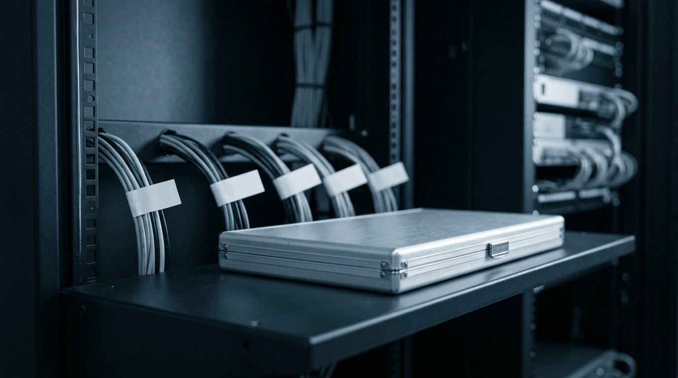A closed aluminium document case on a rack shelf beside labelled, coiled cable bundles