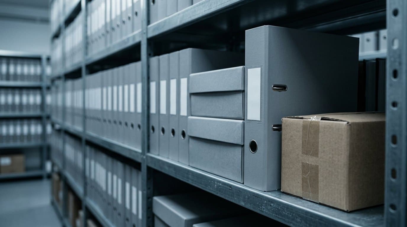 Archive shelving filled with lever-arch binders and document boxes, one carton among them