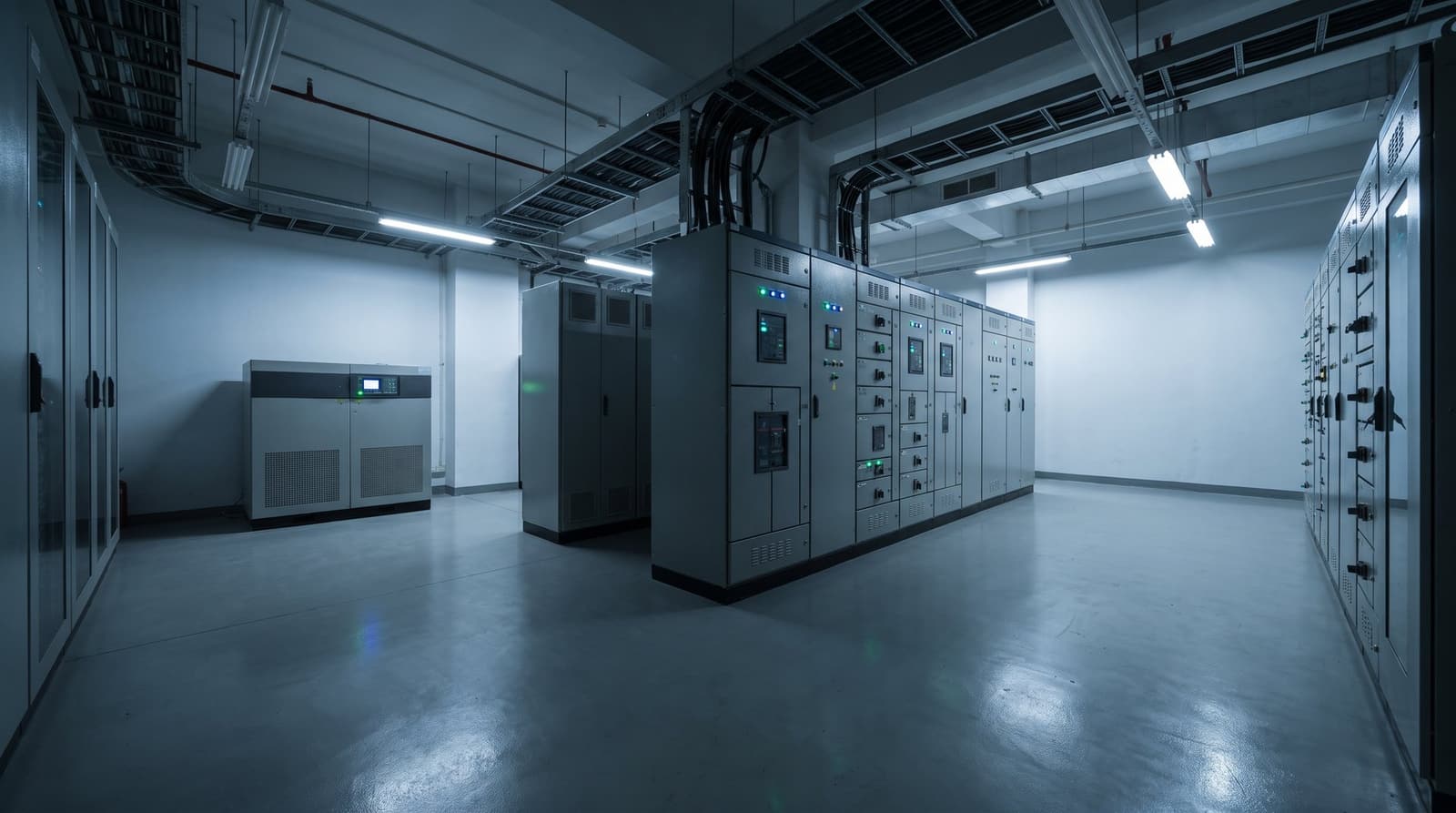 Hospital electrical switchroom with power distribution cabinets and UPS