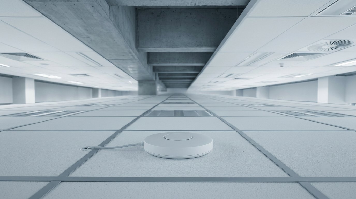 A single wireless access point on an empty tiled floor, the ceiling grid receding behind it
