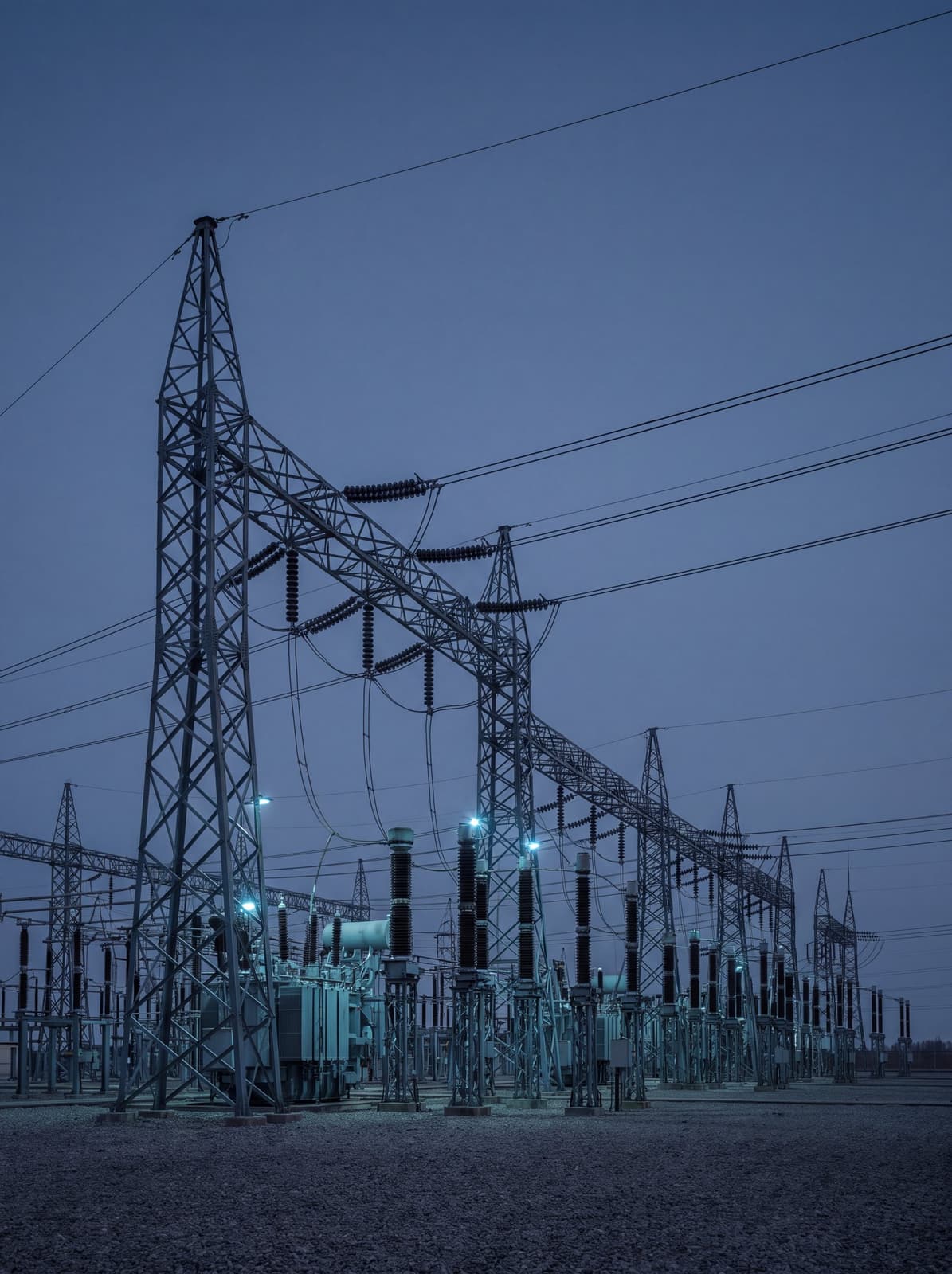 High-voltage electrical substation at dusk
