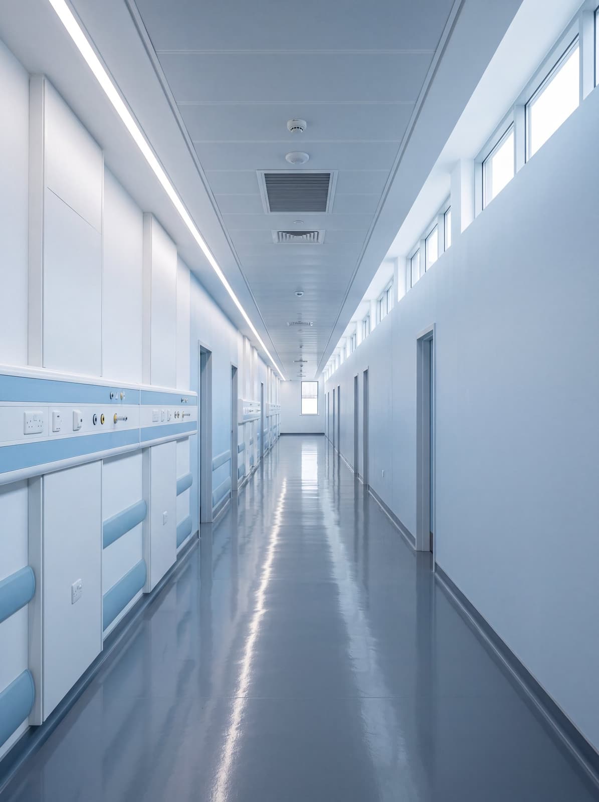 Empty modern hospital corridor with bedhead services along the wall